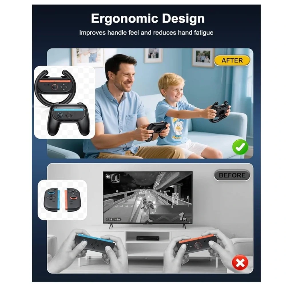 💜2Pack Hand Grips & 2Pack Steering Wheel Compatible with Switch2 Console joycons